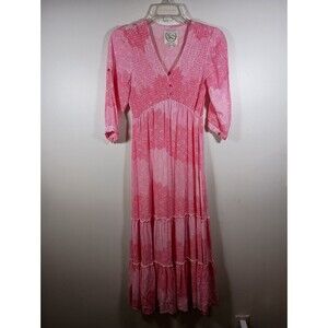 Sunday Mi Amor Anthropologie Maxi Boho Pink Floral Print Tiered Dress Size Small